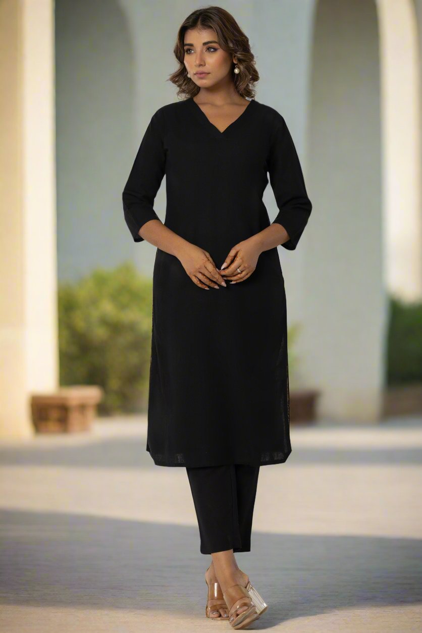 Black Airy Linen Long Kurta